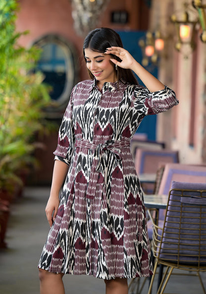 Muti Colour Ikat Printed Liva Rayon Dress With Tie-Ups & Button Closure