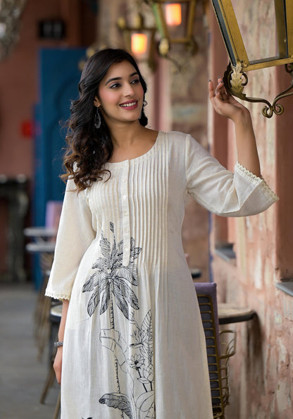 Natural Floral Printed Kurta With Buttons & Lace