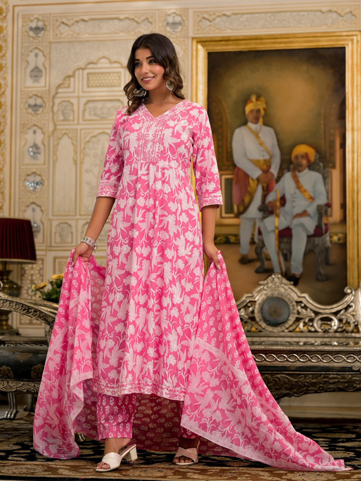 Pink Floral Printed Liva Rayon Kurta Set With Thread & Mirror Work