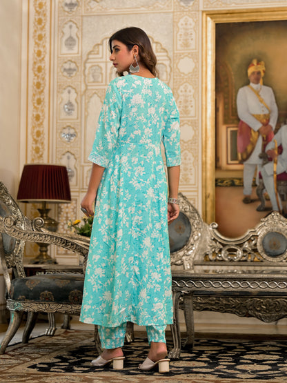 Green Floral Printed Liva Rayon Kurta, Pant And Dupatta Set With Thread & Sequins Work