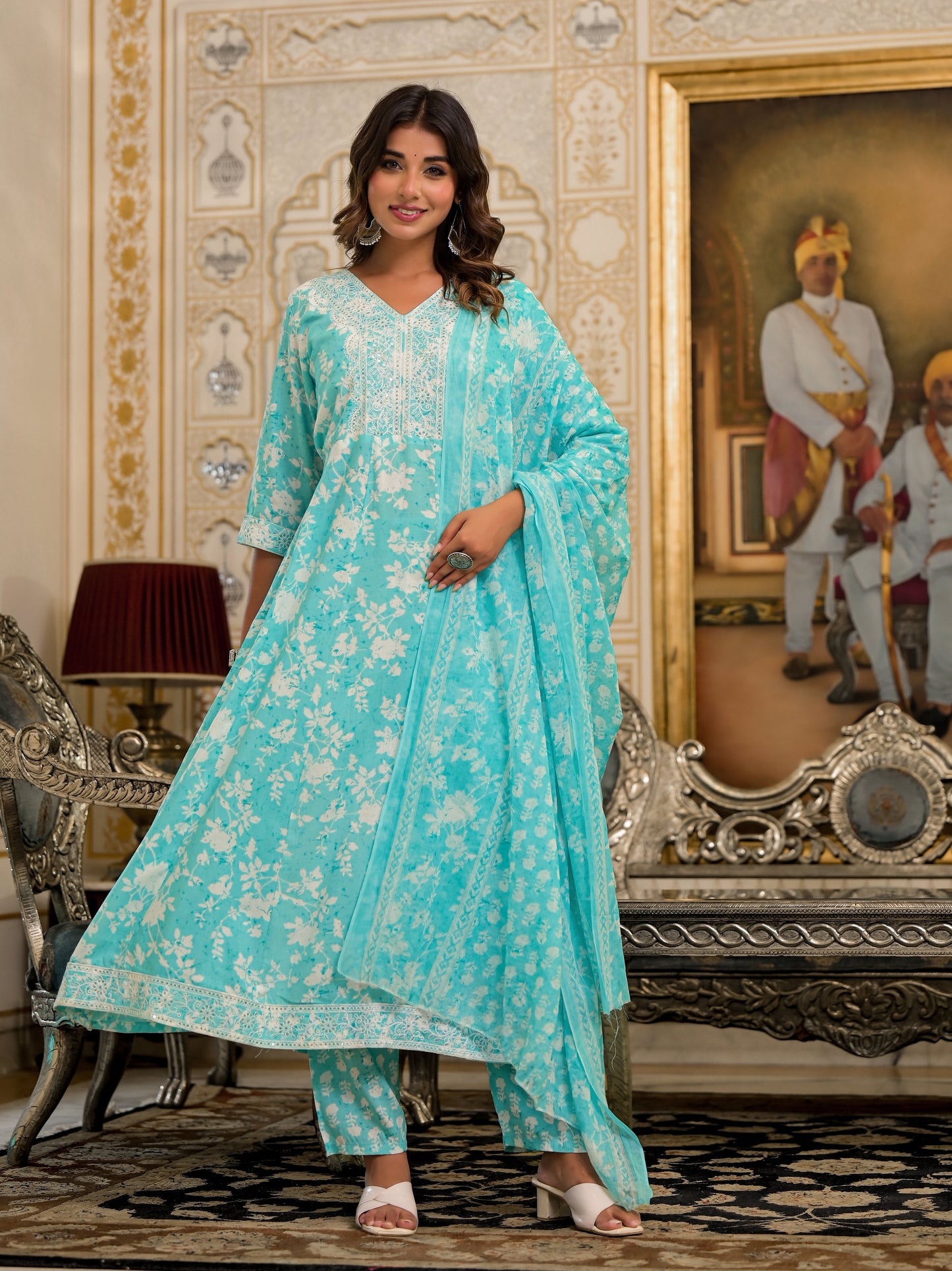 Green Floral Printed Liva Rayon Kurta, Pant And Dupatta Set With Thread & Sequins Work