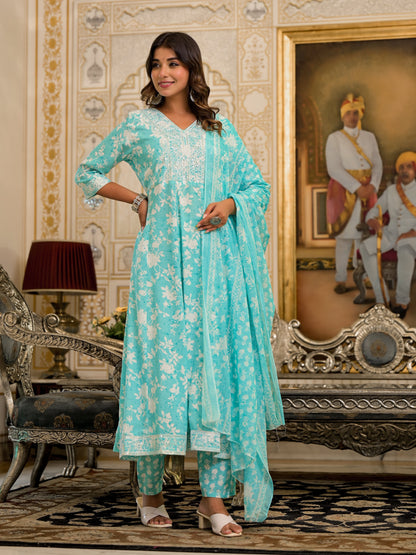 Green Floral Printed Liva Rayon Kurta, Pant And Dupatta Set With Thread & Sequins Work