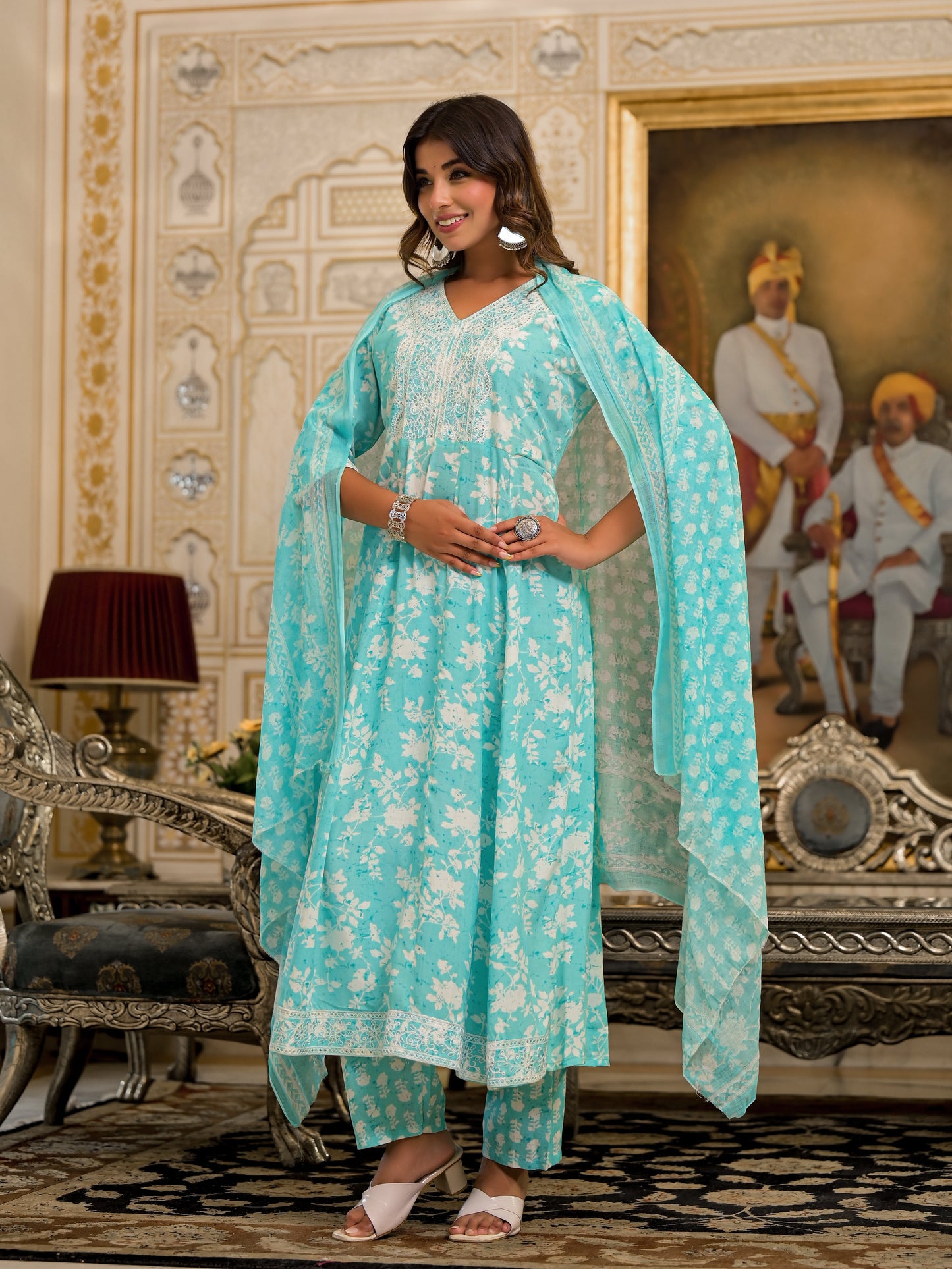 Green Floral Printed Liva Rayon Kurta, Pant And Dupatta Set With Thread & Sequins Work