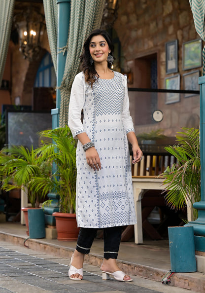 White Ethnic Motif Printed Rayon Kurta With Straight Hemline
