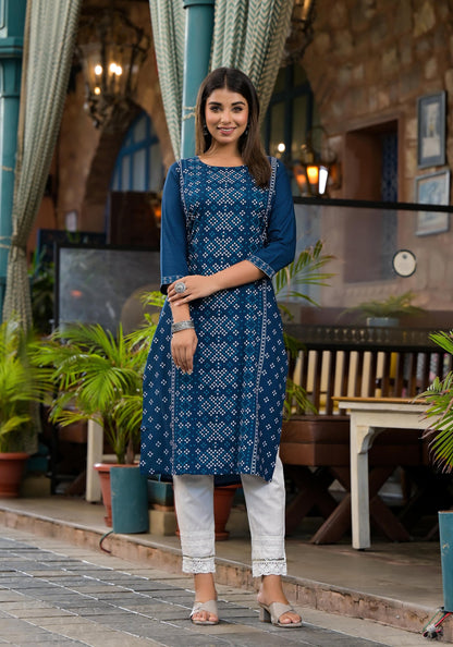 Teal Ethnic Motif Printed Round Neck Rayon Kurta With Straight Hemline