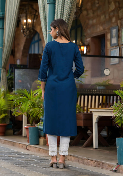 Teal Ethnic Motif Printed Round Neck Rayon Kurta With Straight Hemline