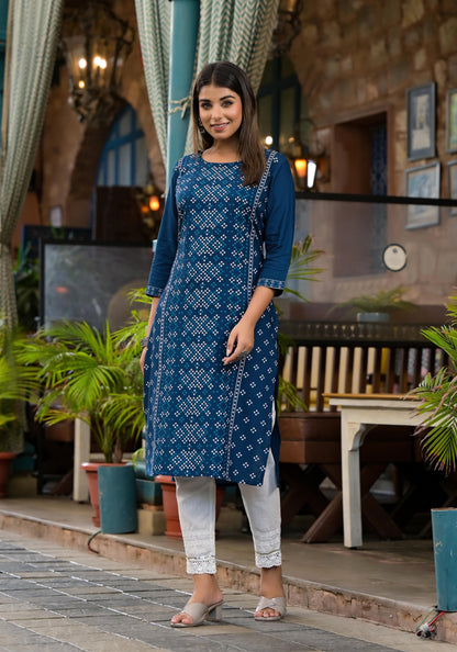 Teal Ethnic Motif Printed Round Neck Rayon Kurta With Straight Hemline