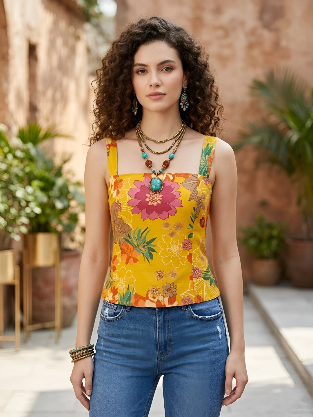 Floral Printed Straight Sleeveless Top