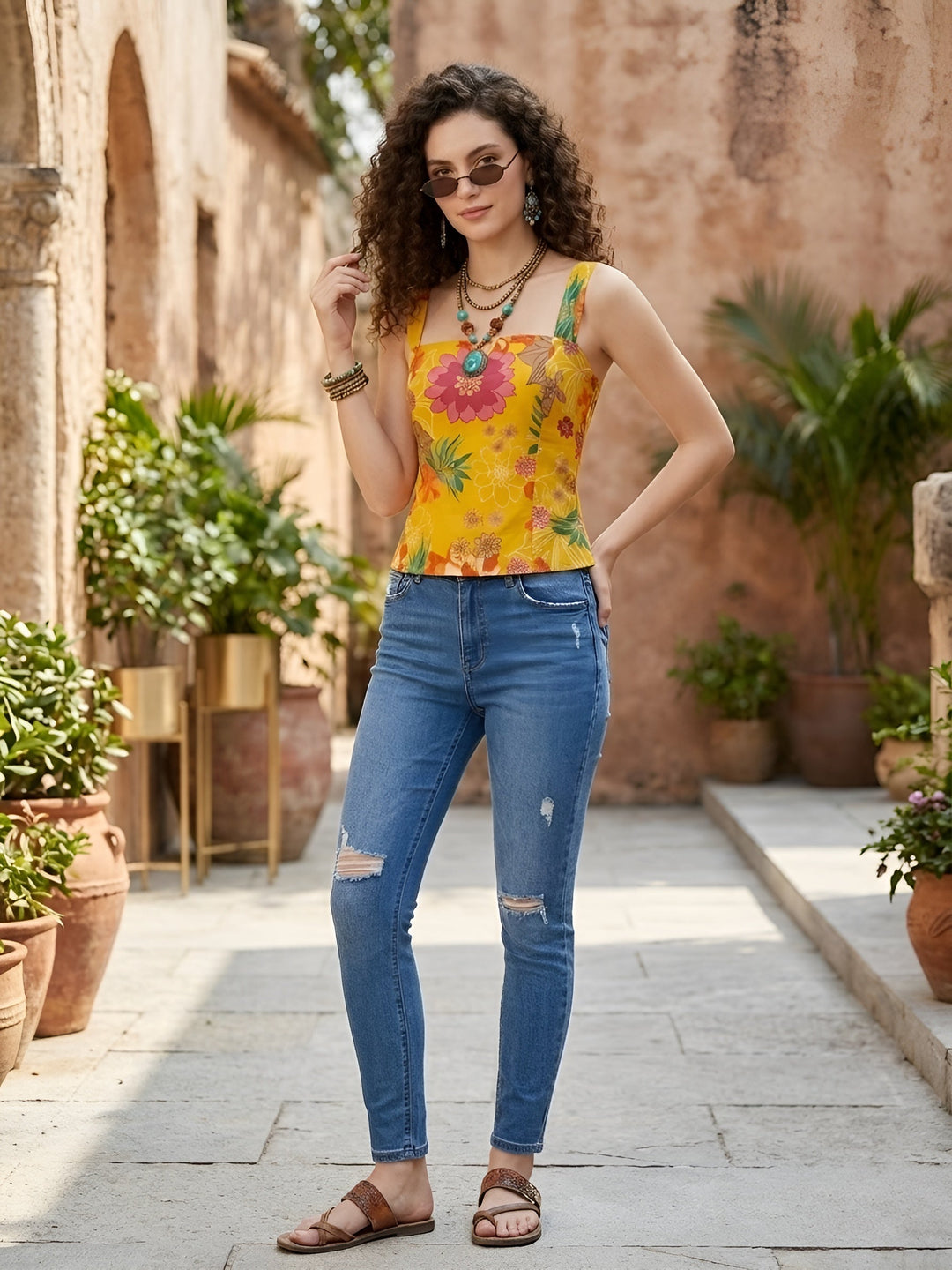 Floral Printed Straight Sleeveless Top