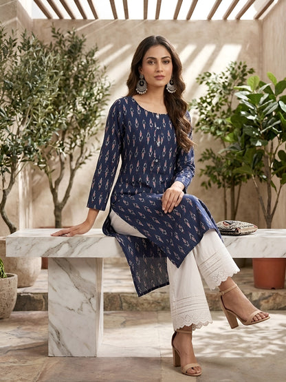 Printed Straight Kurta with Three Quarter Sleeves