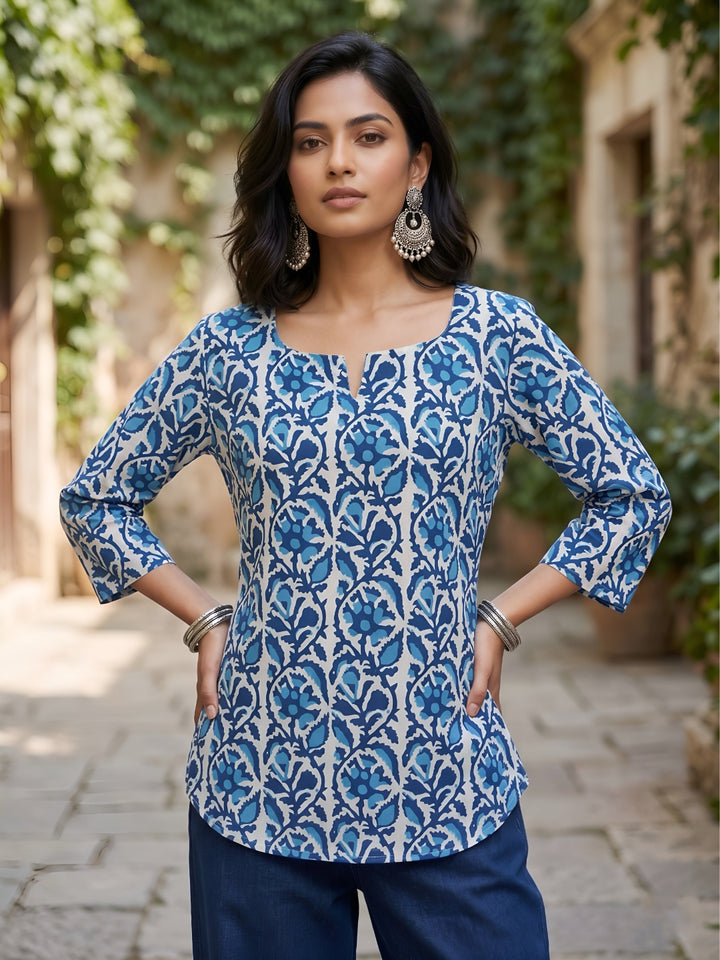Printed Straight Tunic With Tie-up Neck