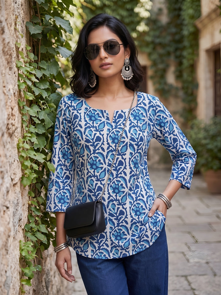 Printed Straight Tunic With Tie-up Neck