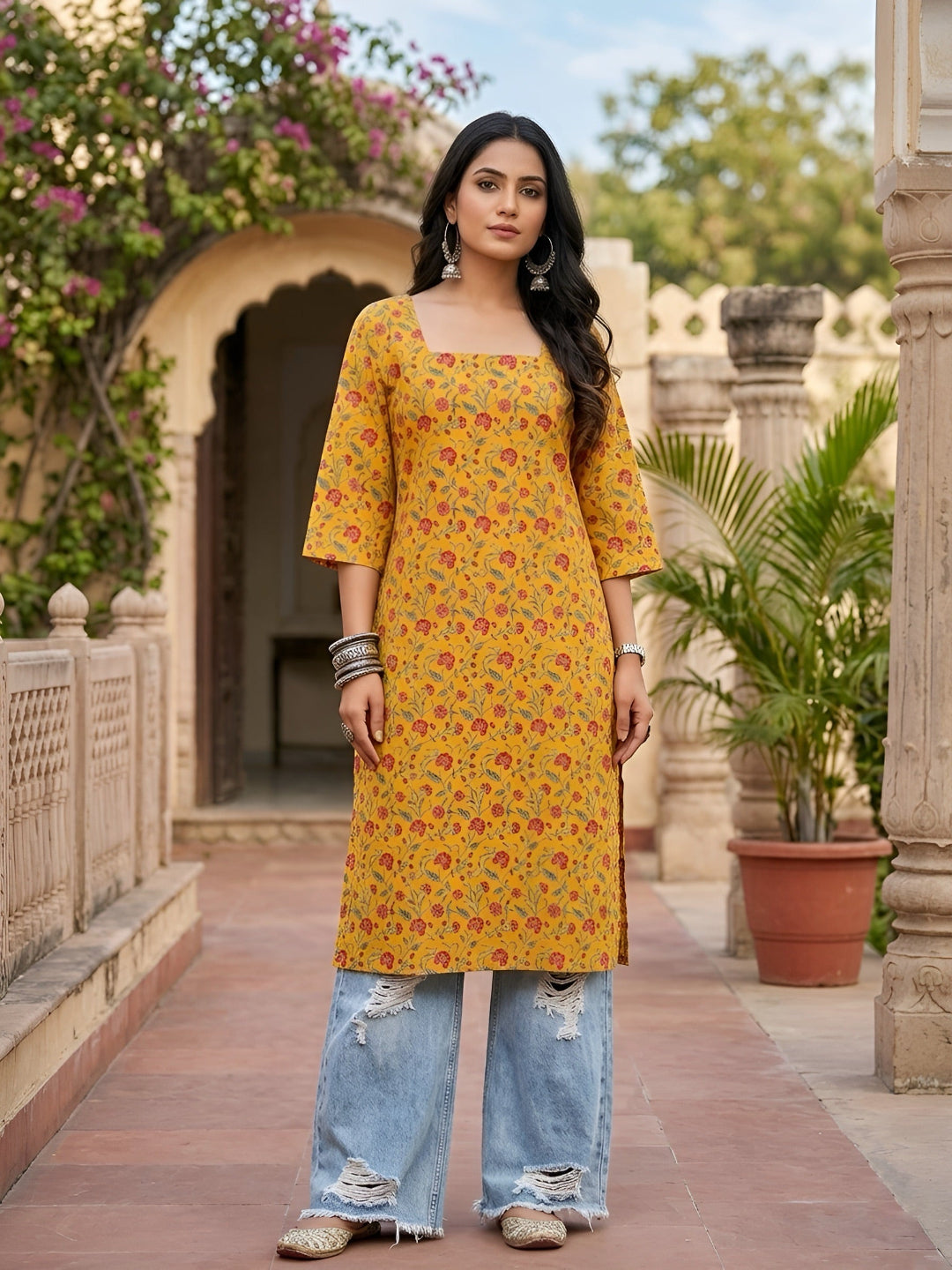 Printed Straight Kurta with Three Quarter Sleeves