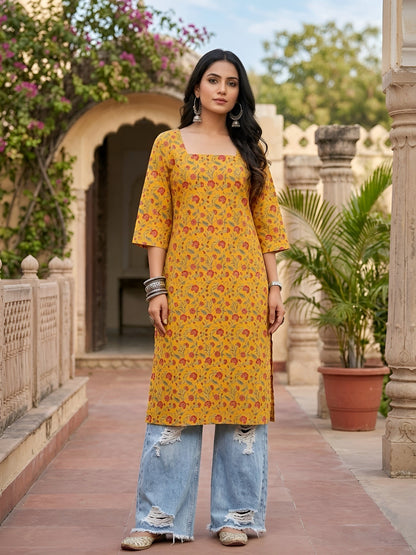 Printed Straight Kurta with Three Quarter Sleeves