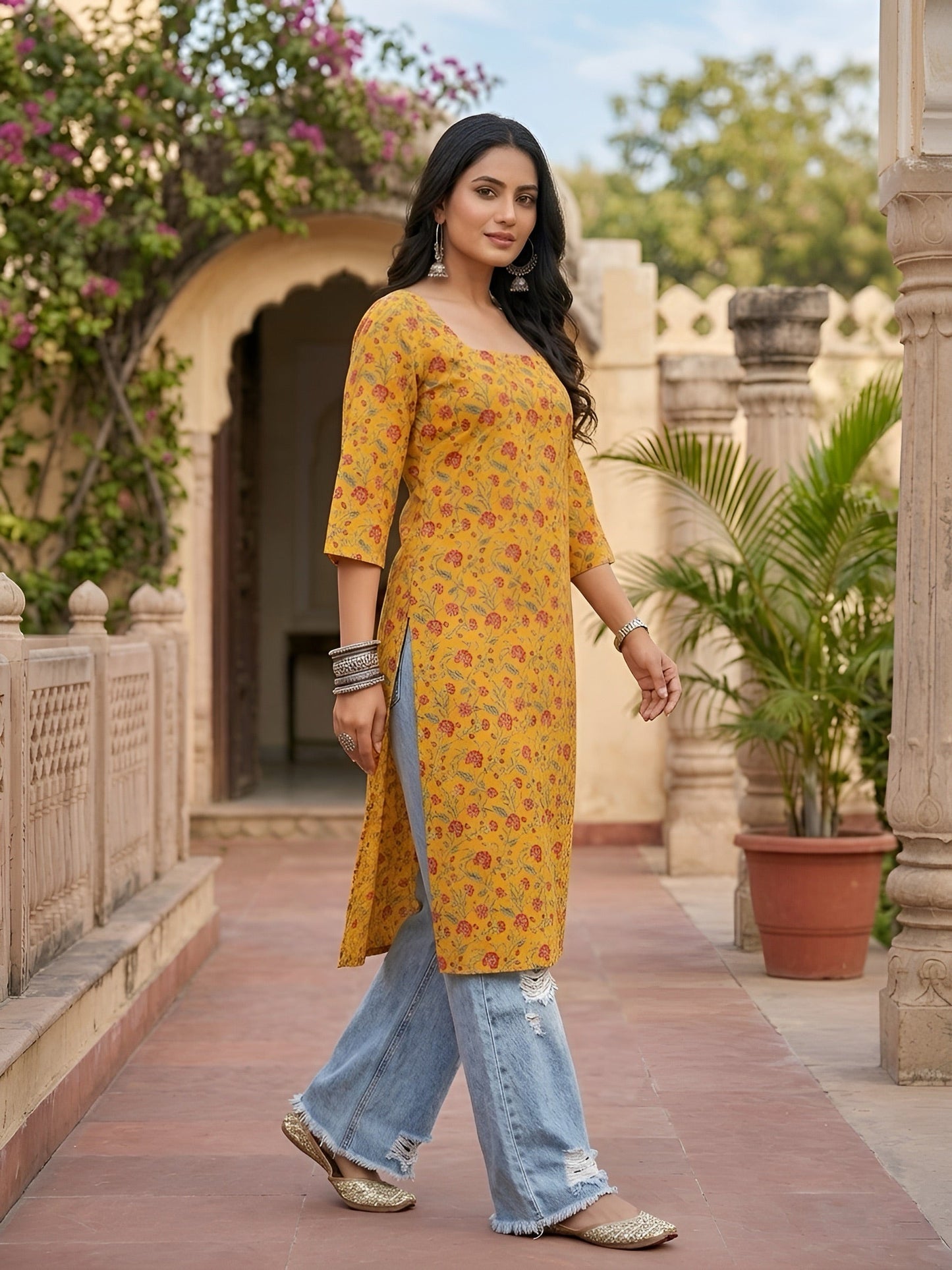 Printed Straight Kurta with Three Quarter Sleeves