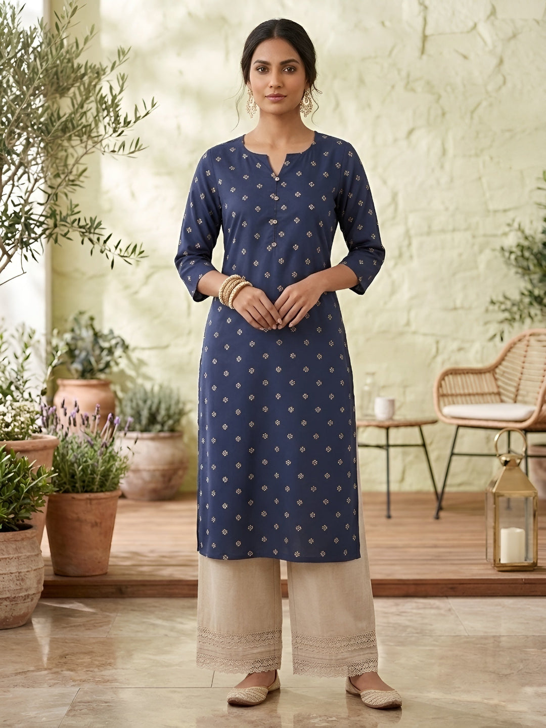 Printed Straight Kurta with Three Quarter Sleeves
