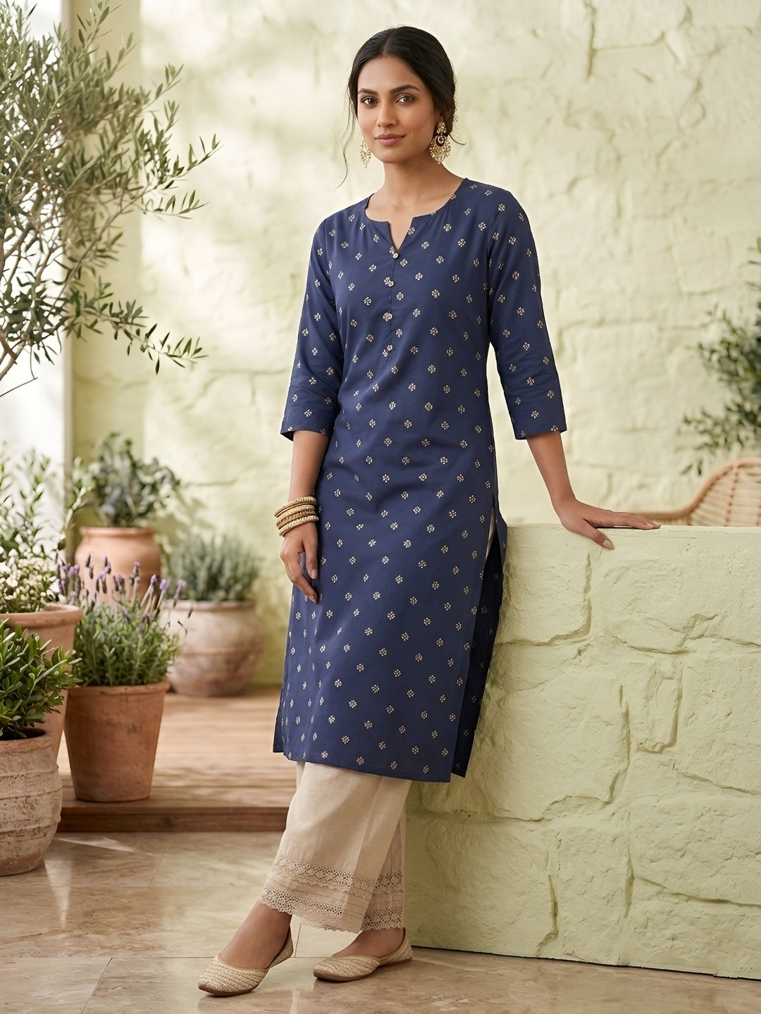 Printed Straight Kurta with Three Quarter Sleeves