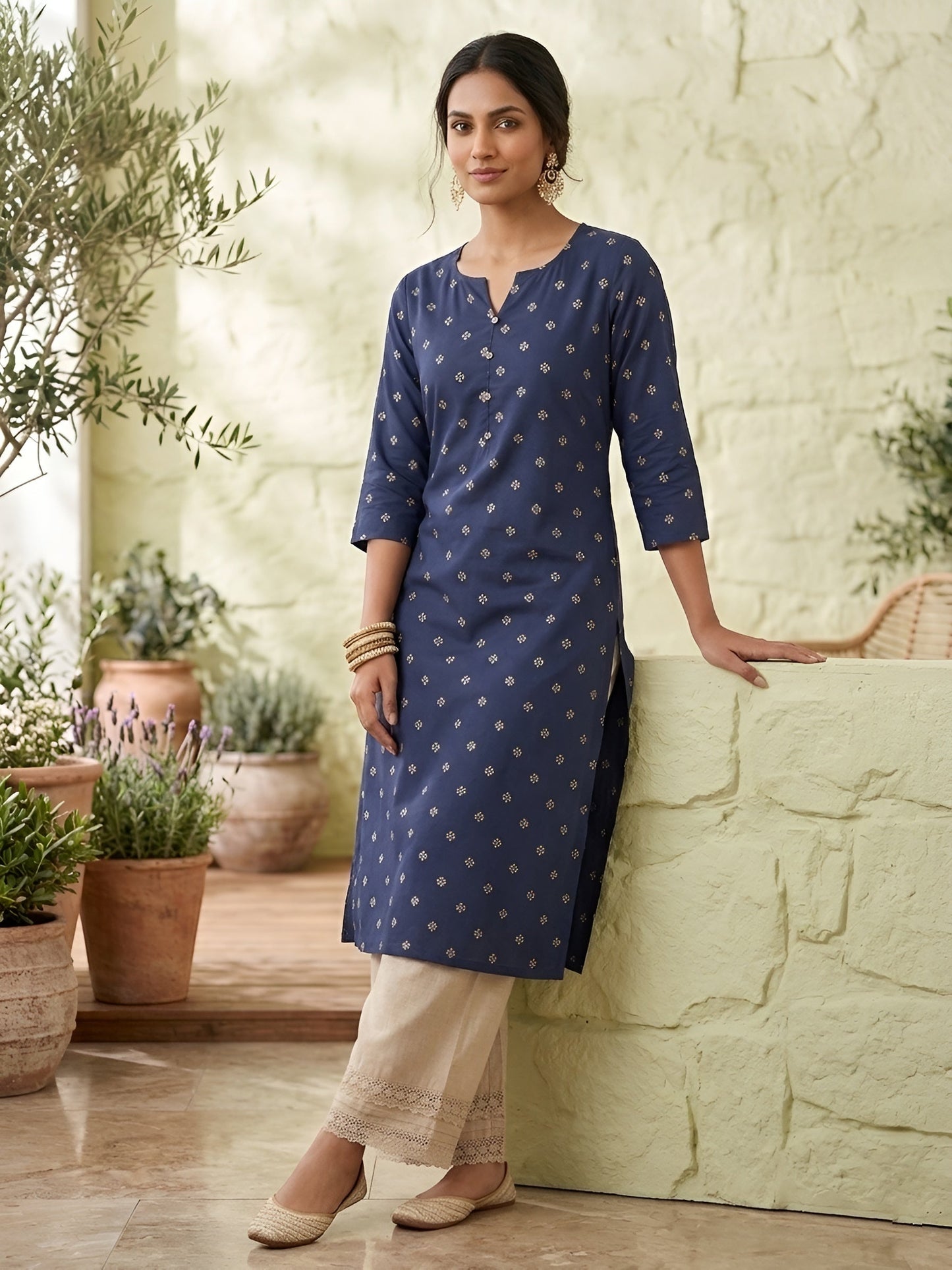 Printed Straight Kurta with Three Quarter Sleeves