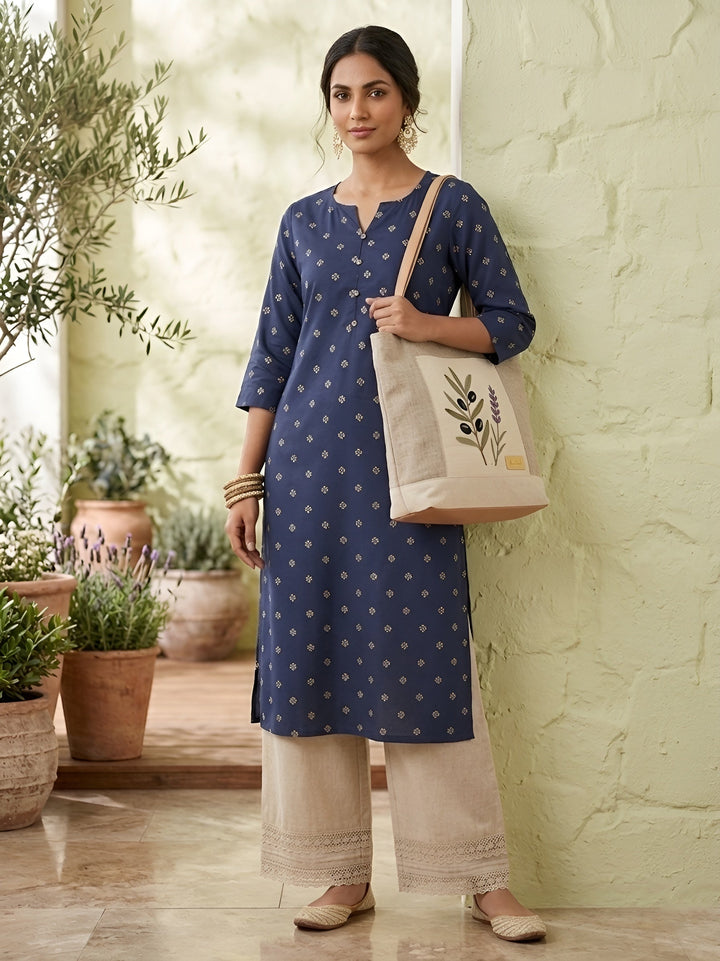 Printed Straight Kurta with Three Quarter Sleeves