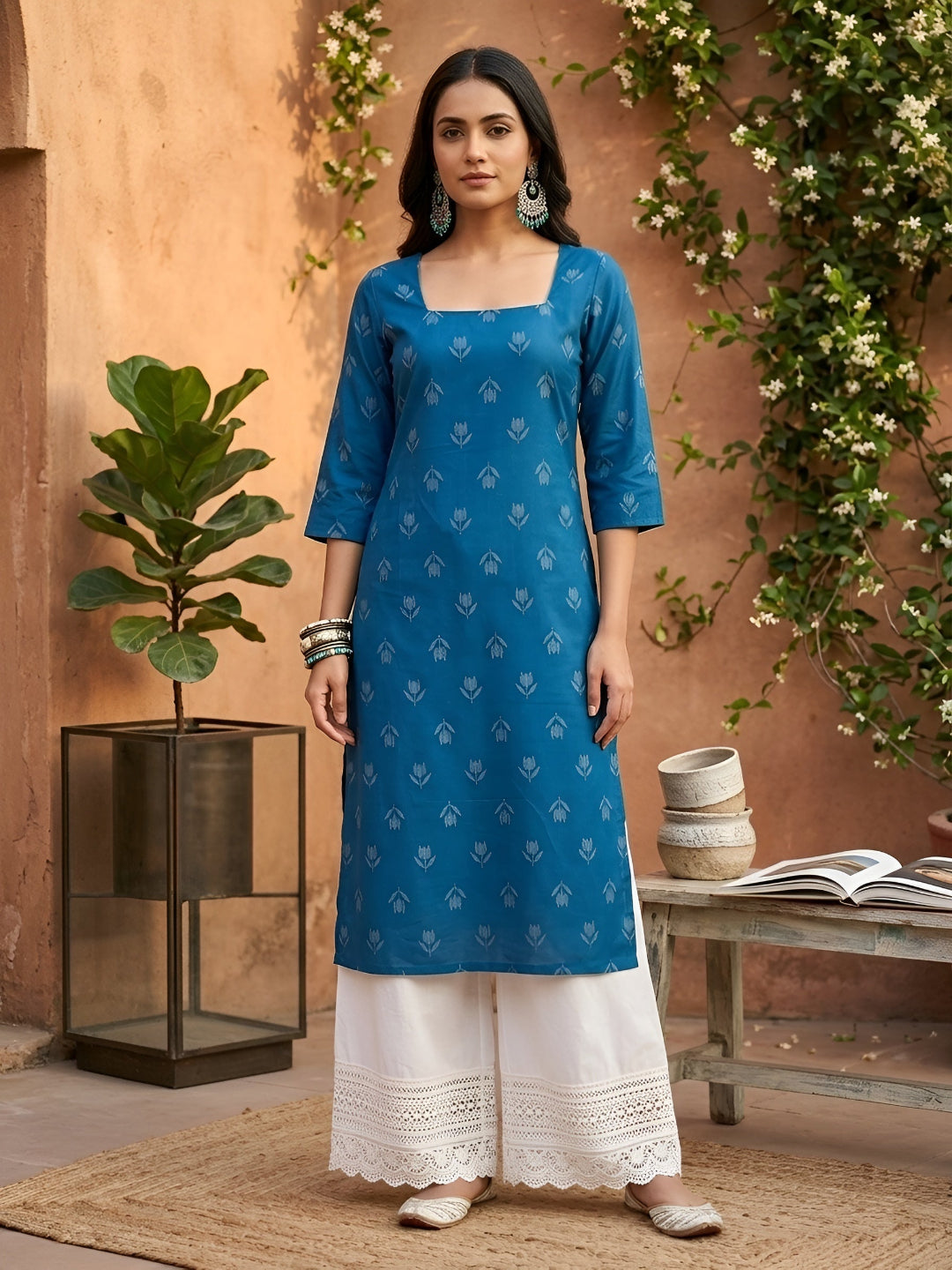 Printed Straight Kurta with Three Quarter Sleeves
