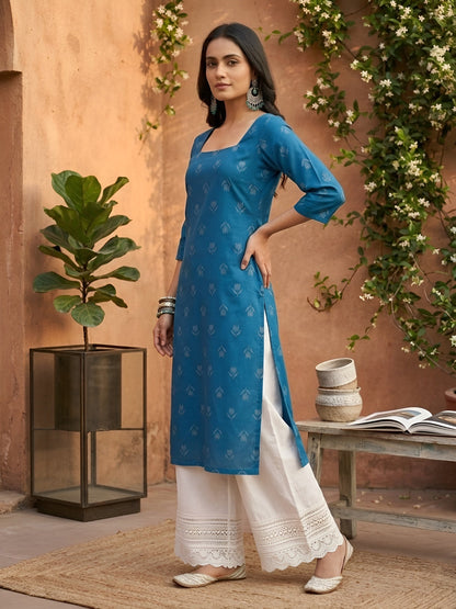 Printed Straight Kurta with Three Quarter Sleeves