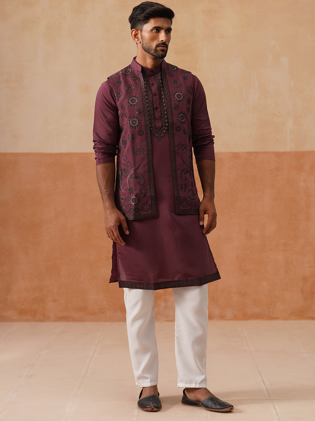 Embroidered Waistcoat & Solid Kurta Pyjama For Men