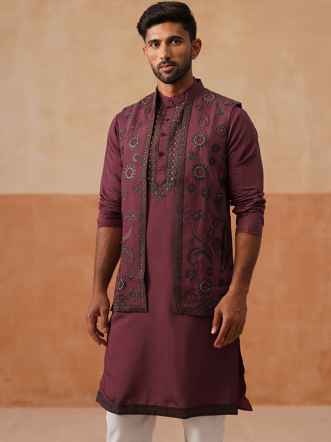 Embroidered Waistcoat &amp; Solid Kurta Pyjama For Men