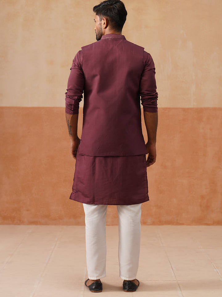 Embroidered Waistcoat &amp; Solid Kurta Pyjama For Men