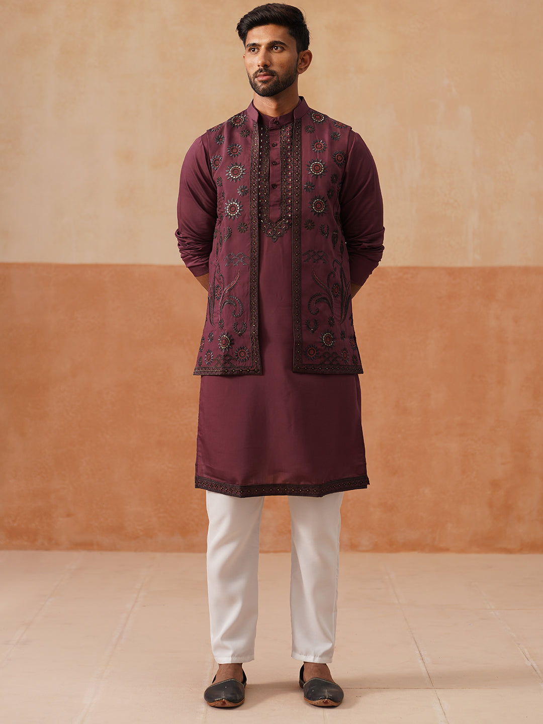 Embroidered Waistcoat &amp; Solid Kurta Pyjama For Men