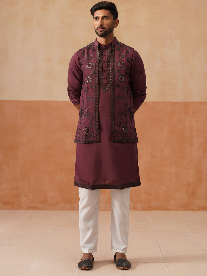Embroidered Waistcoat &amp; Solid Kurta Pyjama For Men