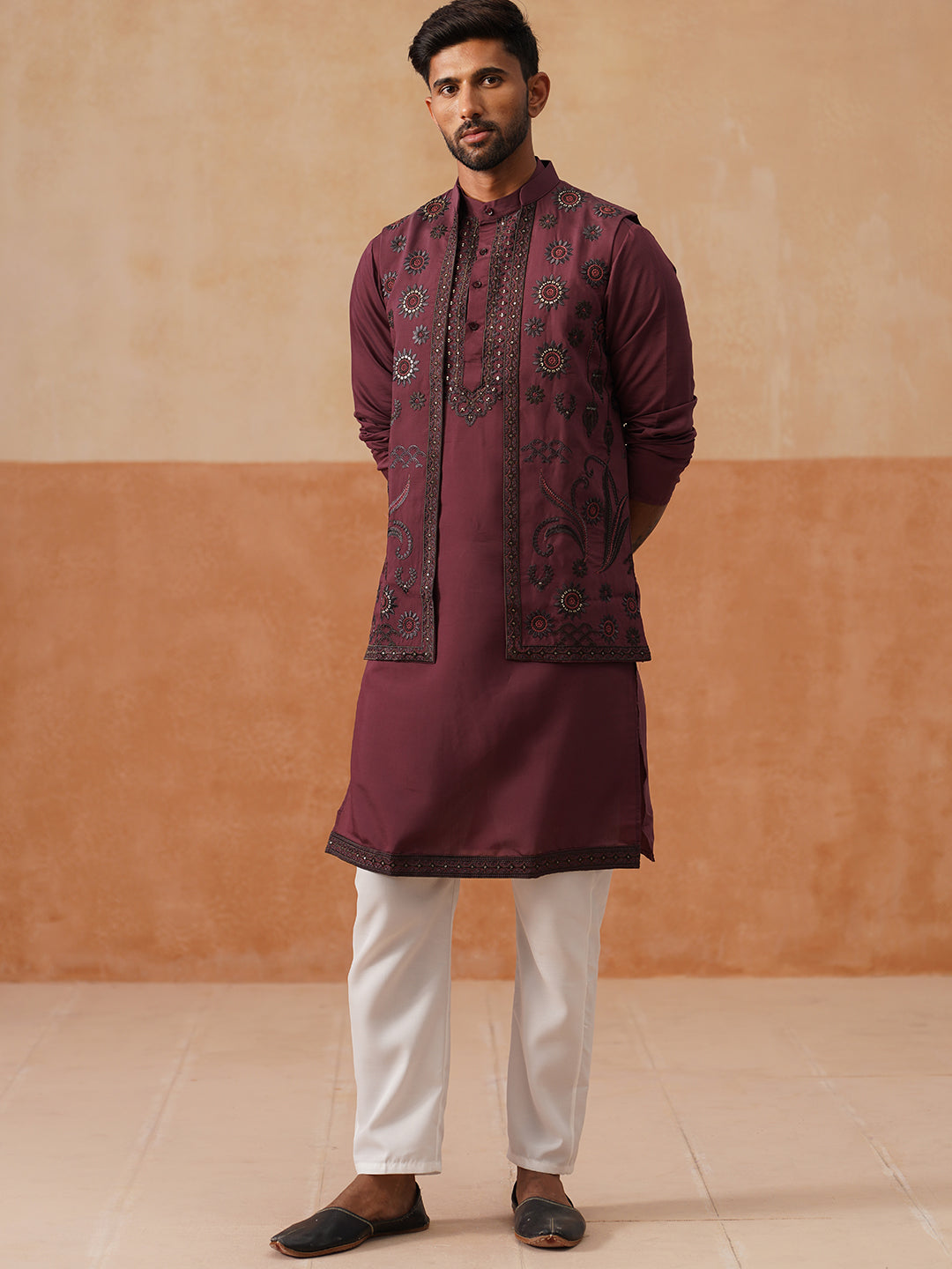 Embroidered Waistcoat &amp; Solid Kurta Pyjama For Men