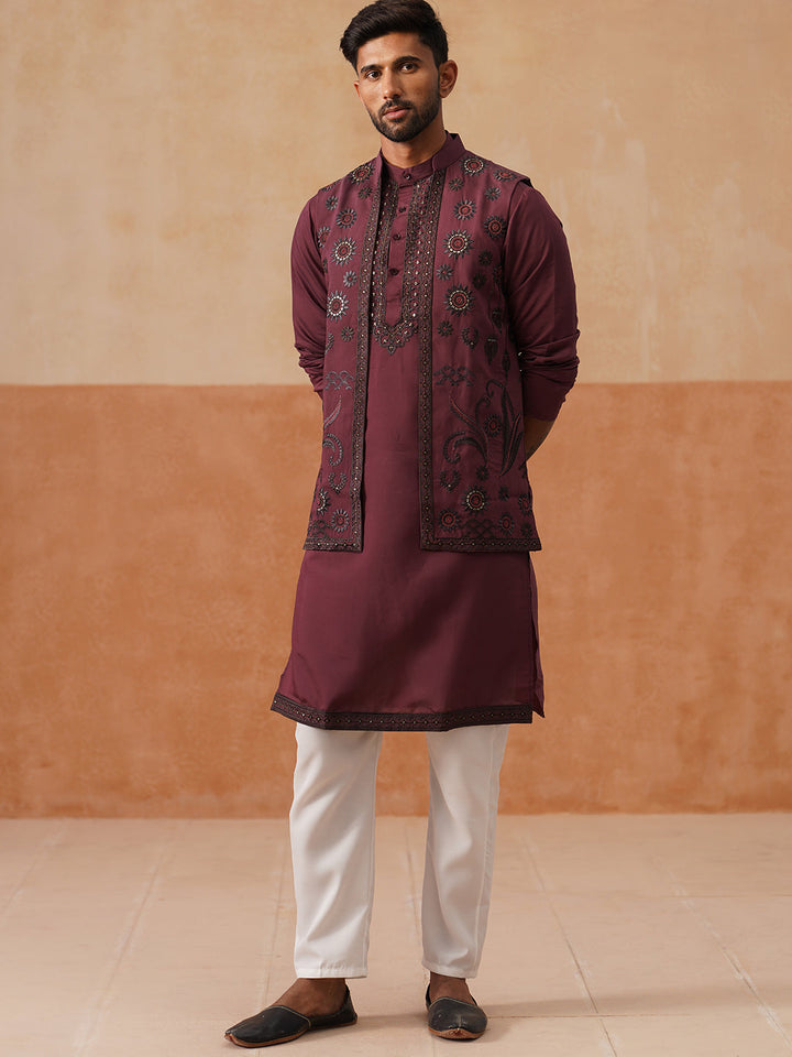 Embroidered Waistcoat &amp; Solid Kurta Pyjama For Men