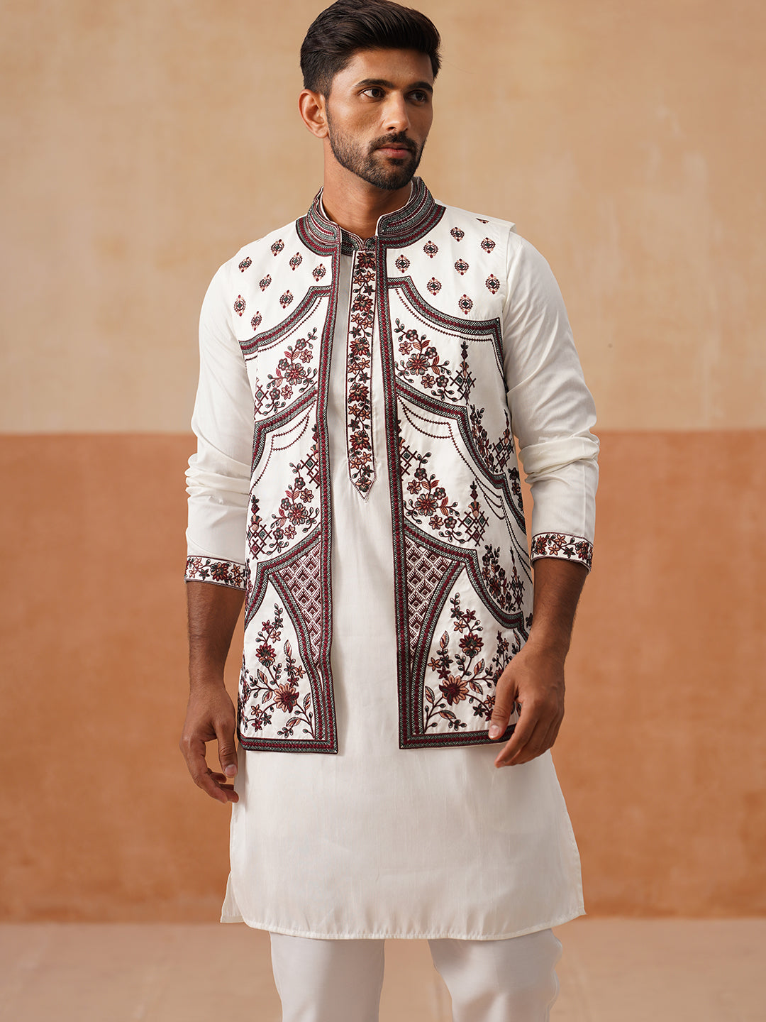 Embroidered Waistcoat And Kurta Pyjama For Men