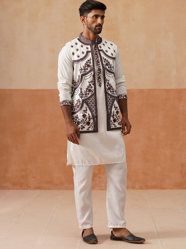 Embroidered Waistcoat And Kurta Pyjama For Men
