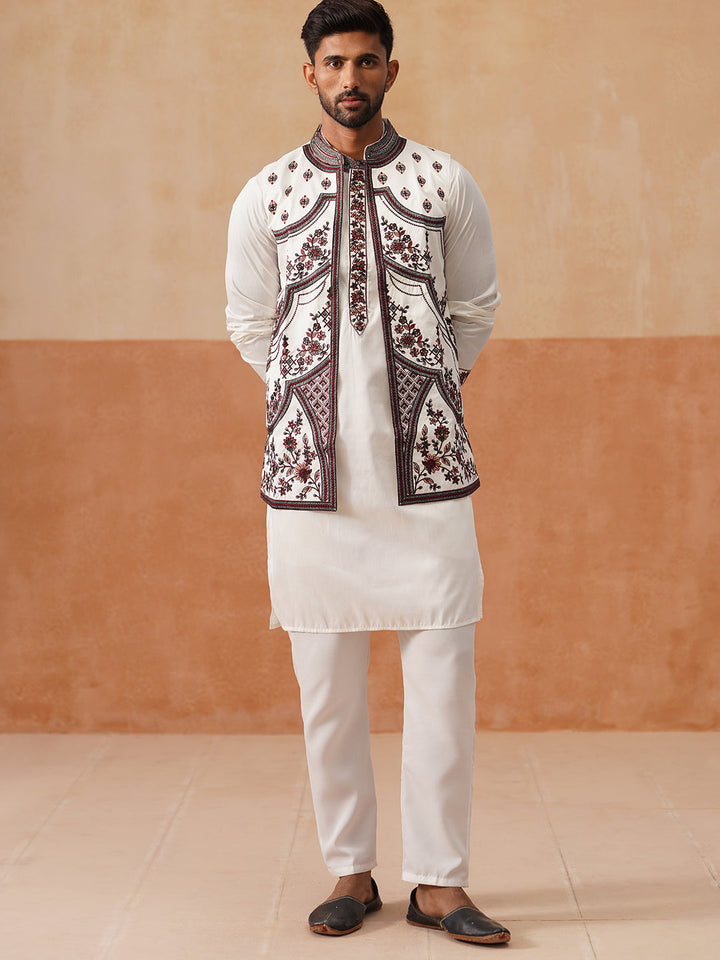 Embroidered Waistcoat And Kurta Pyjama For Men