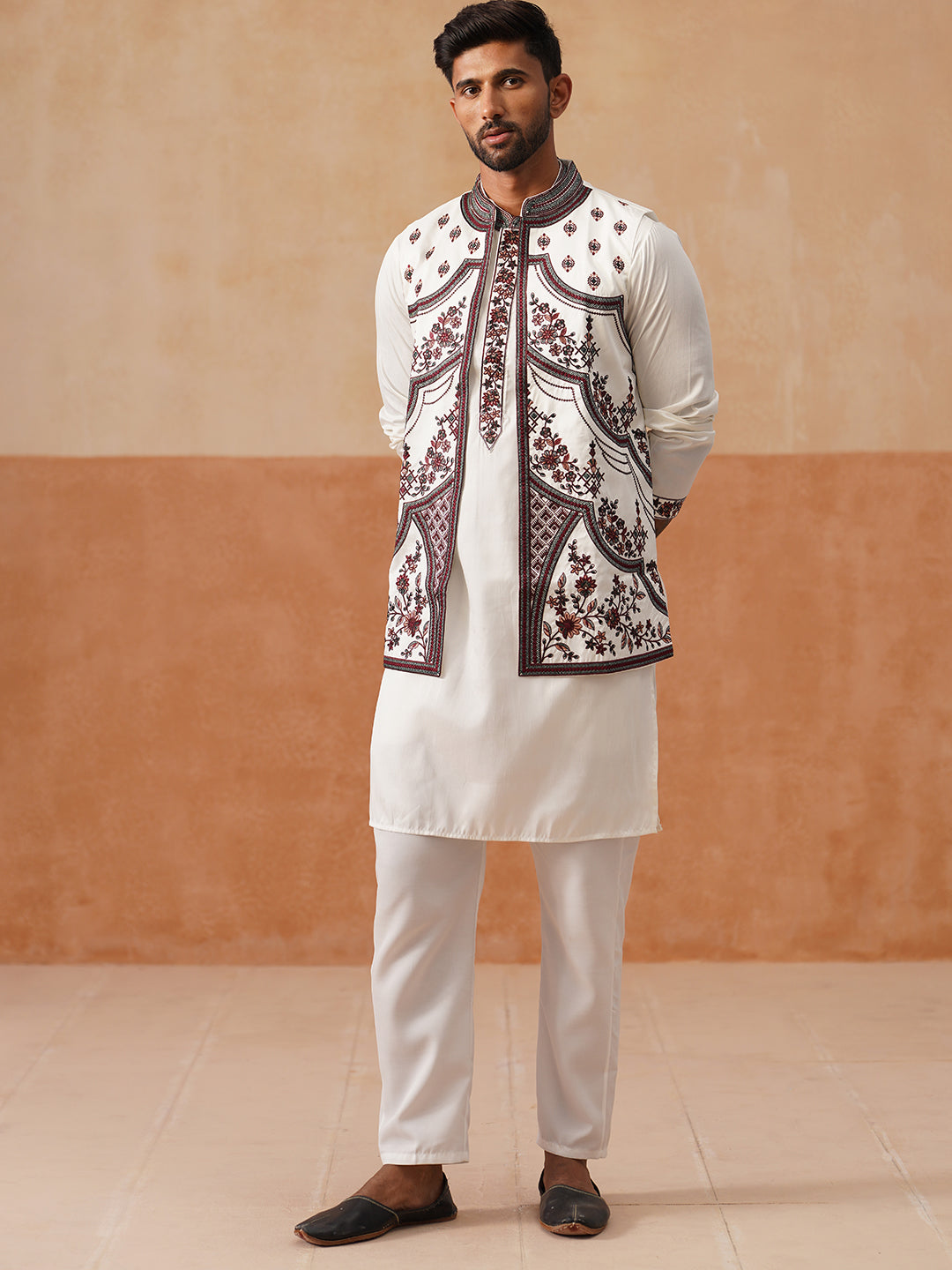 Embroidered Waistcoat And Kurta Pyjama For Men