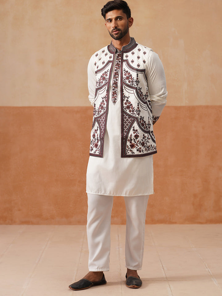 Embroidered Waistcoat And Kurta Pyjama For Men