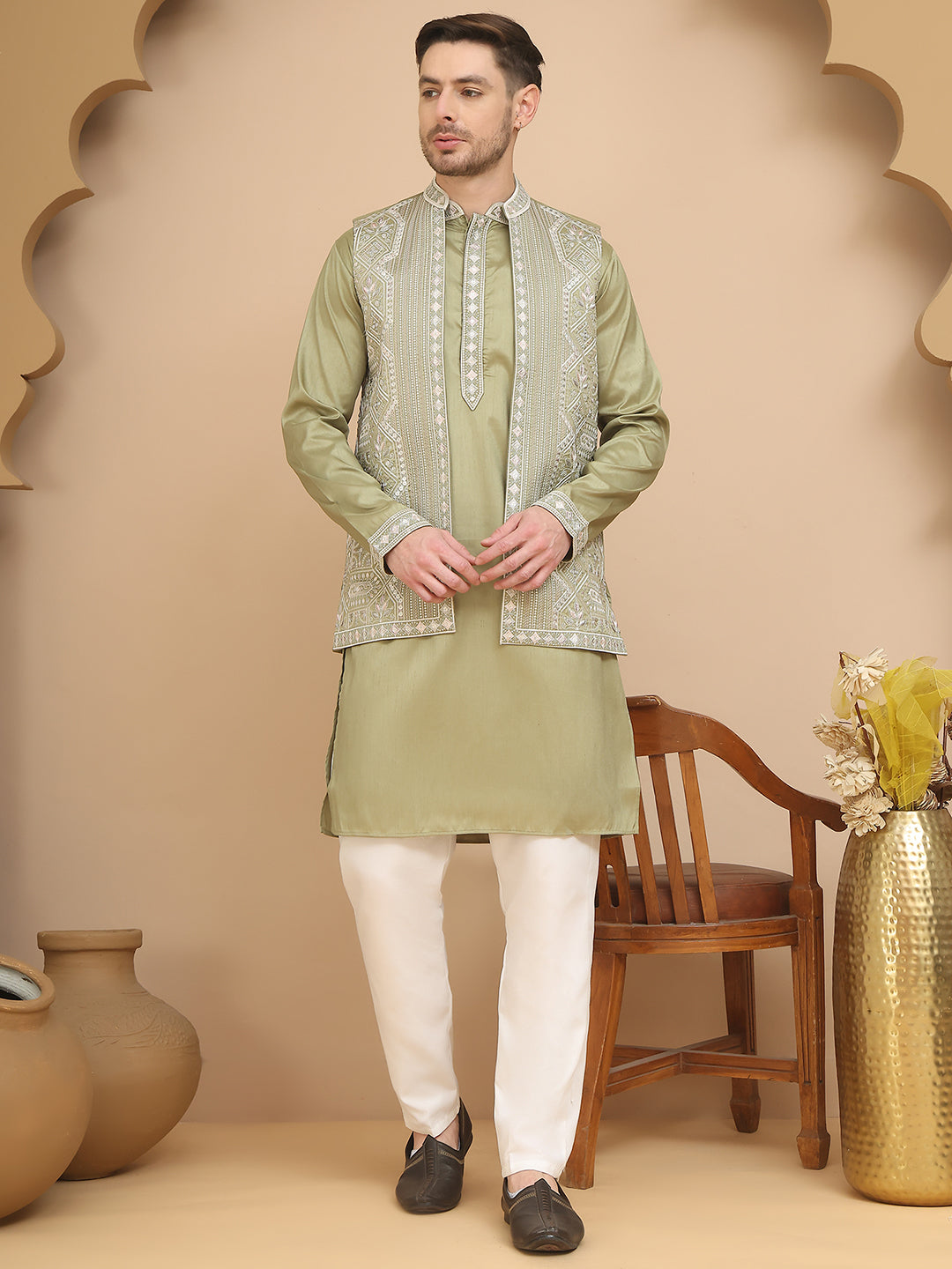 Embroidered Waistcoat And Kurta Pyjama For Men