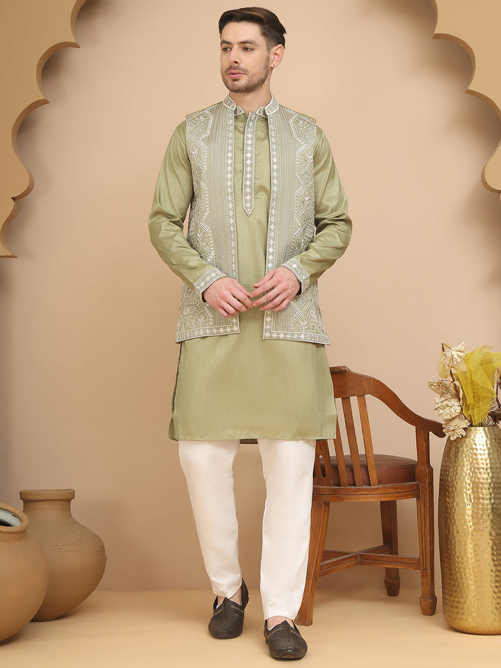 Embroidered Waistcoat And Kurta Pyjama For Men