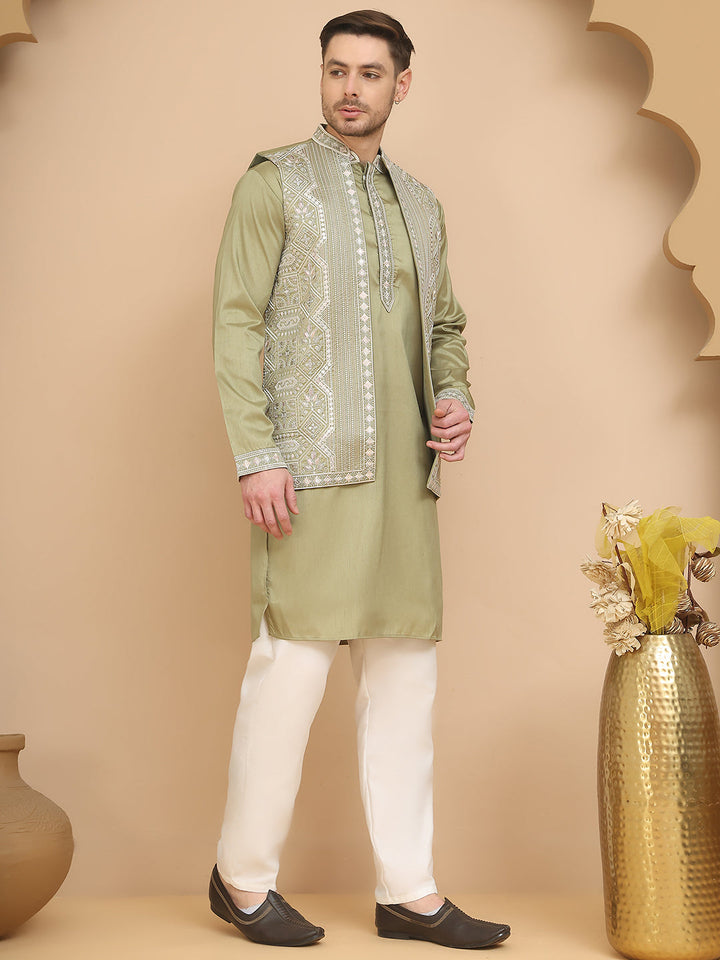 Embroidered Waistcoat And Kurta Pyjama For Men