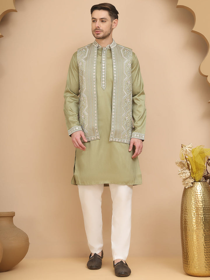 Embroidered Waistcoat And Kurta Pyjama For Men