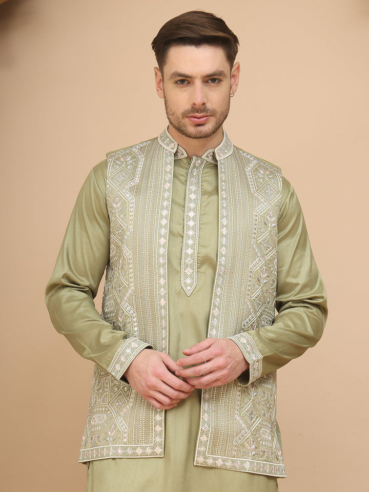 Embroidered Waistcoat And Kurta Pyjama For Men