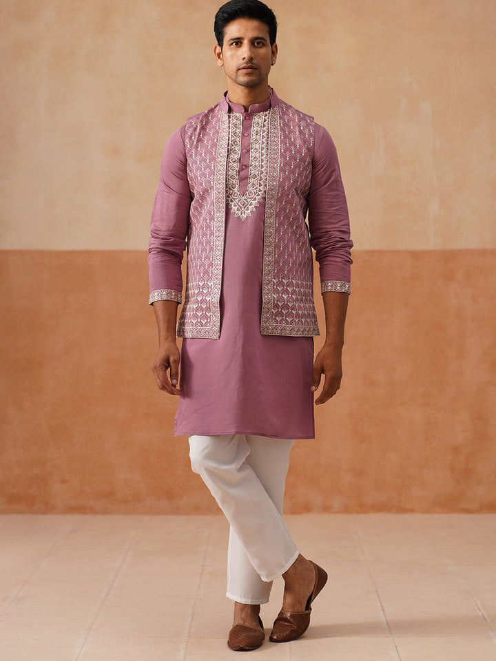 Classic Magenta Kurta Pyjama With Embroidered Waistcoat