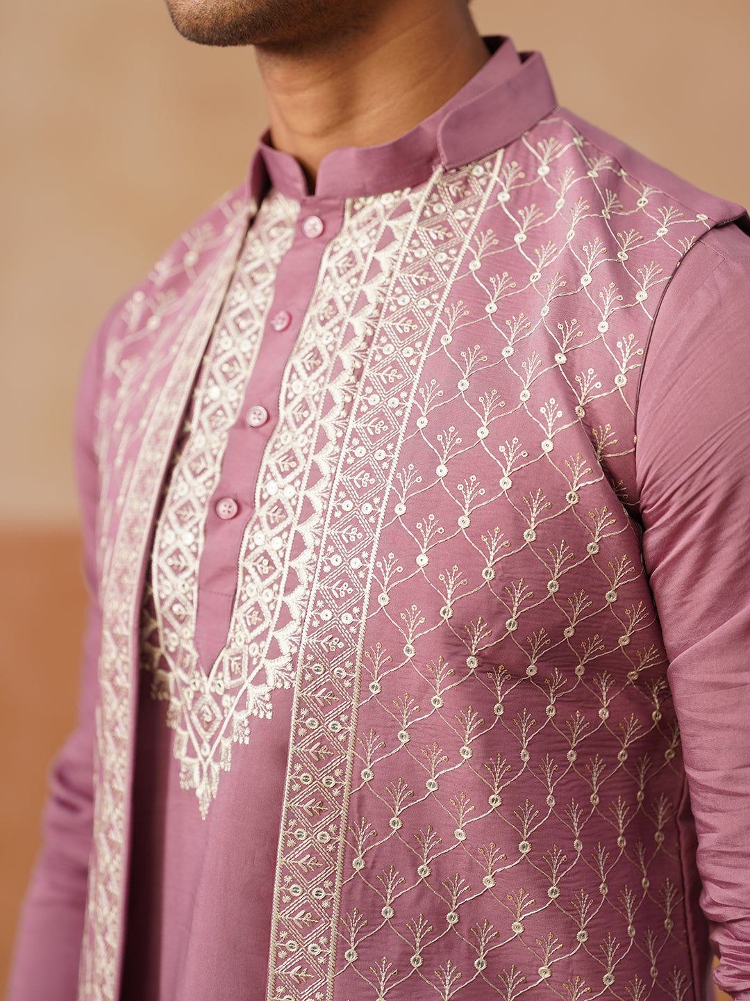 Classic Magenta Kurta Pyjama With Embroidered Waistcoat