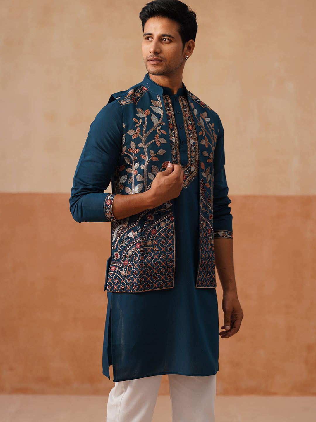 Elegant Leaf Embroidered Waistcoat With Kurta Pyjama