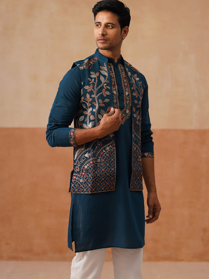 Elegant Leaf Embroidered Waistcoat With Kurta Pyjama