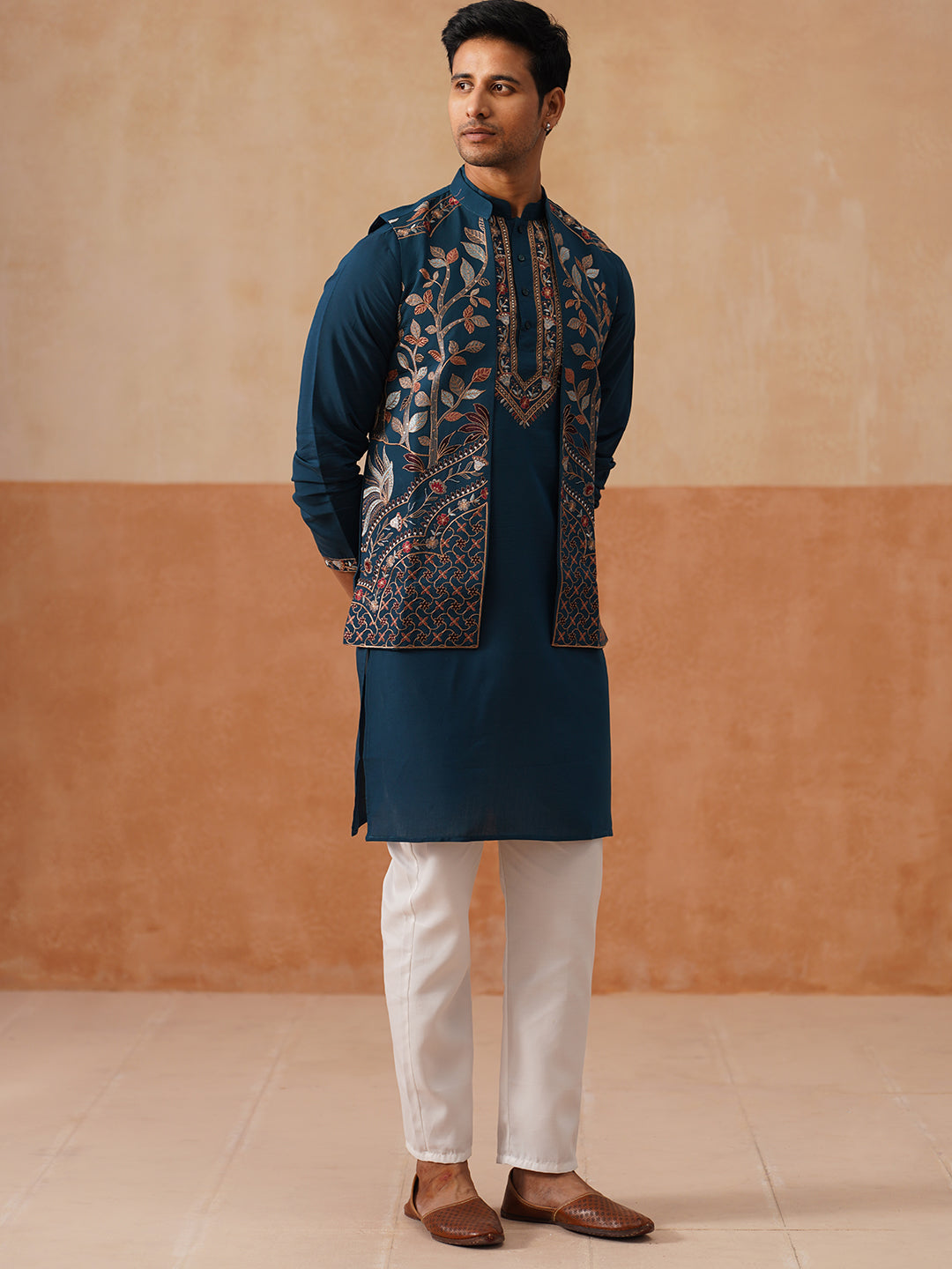 Elegant Leaf Embroidered Waistcoat With Kurta Pyjama