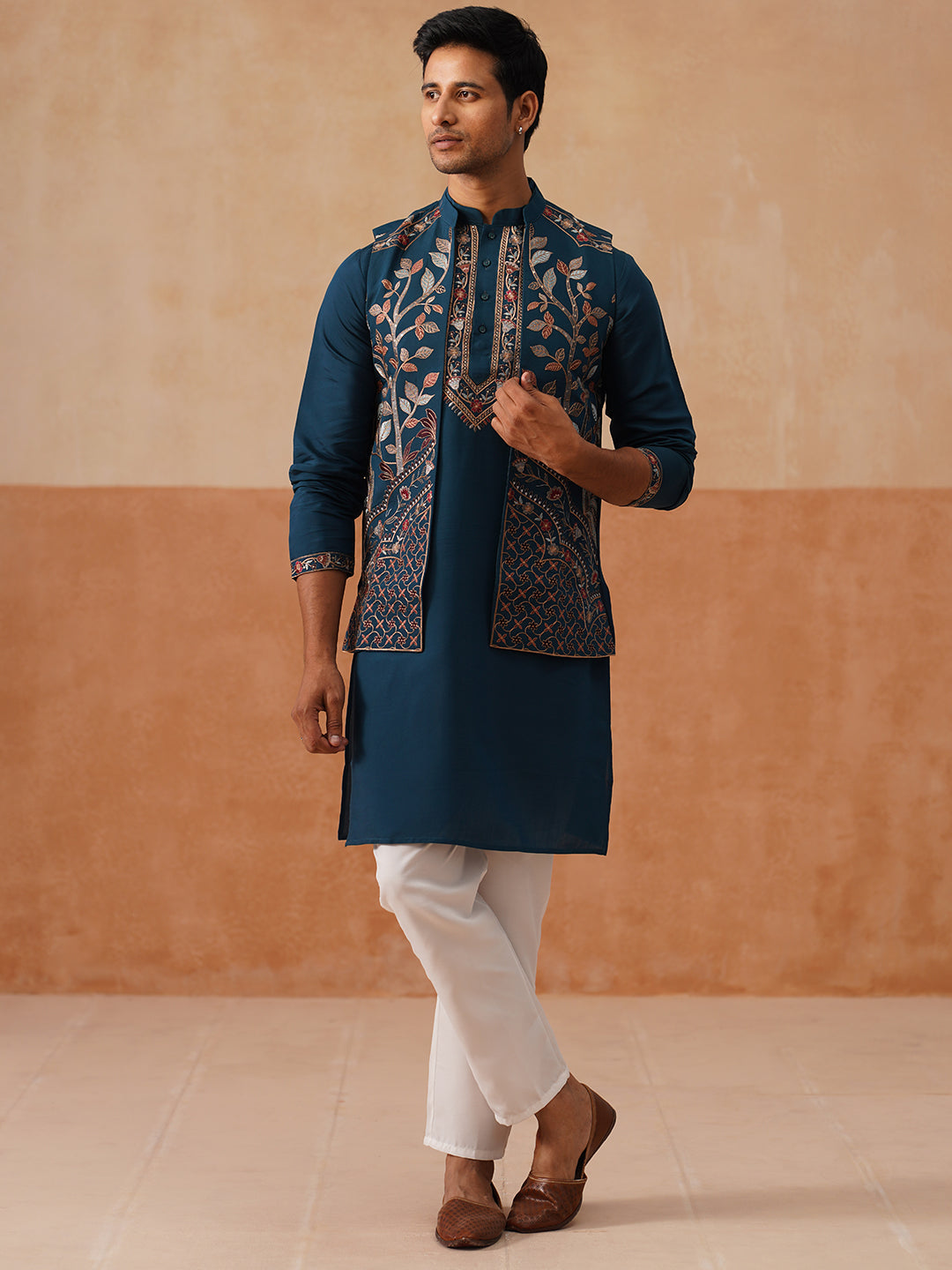Elegant Leaf Embroidered Waistcoat With Kurta Pyjama