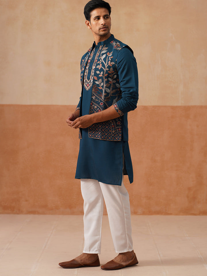 Elegant Leaf Embroidered Waistcoat With Kurta Pyjama