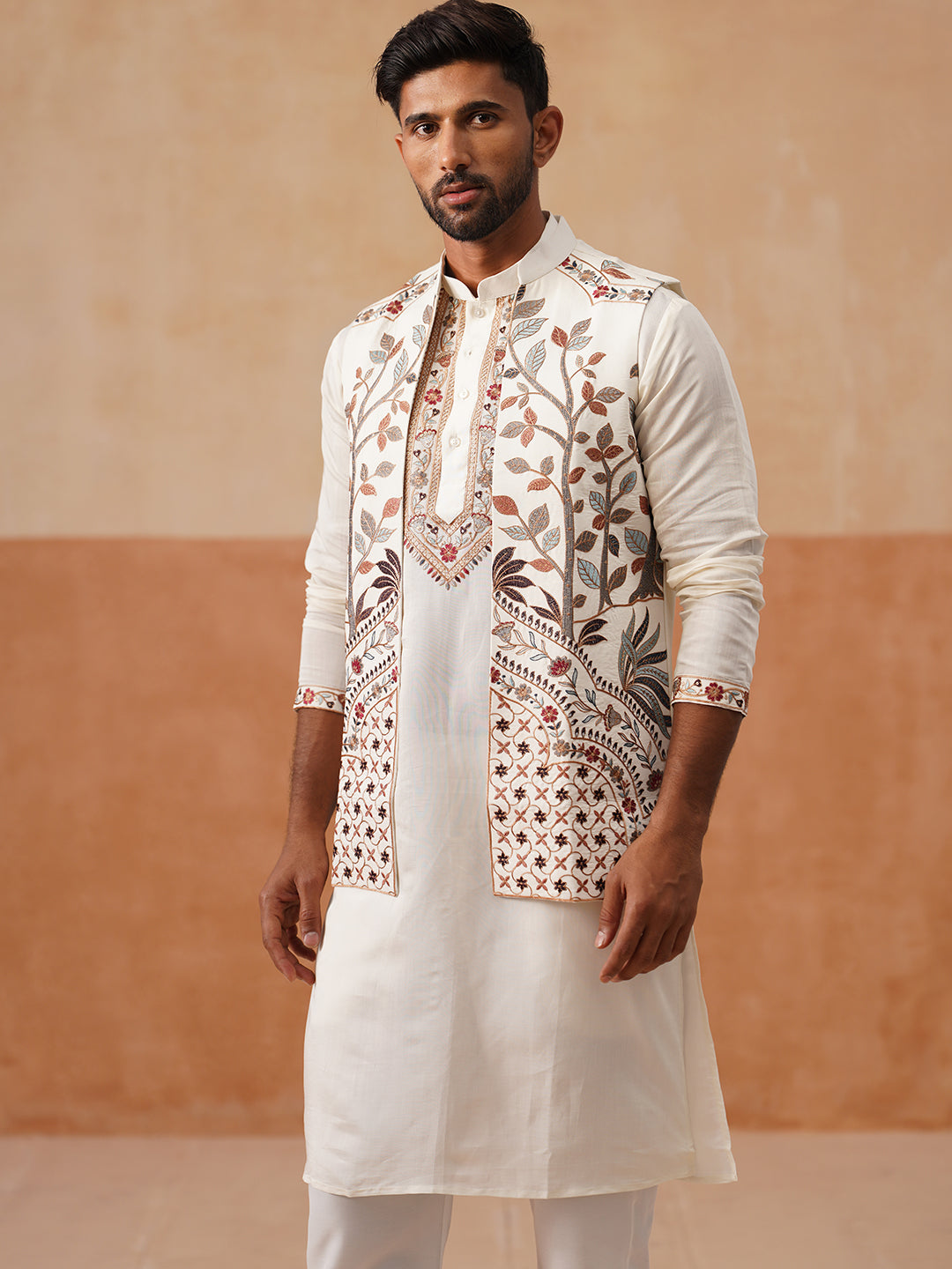 Elegant Leaf Embroidered Waistcoat With Kurta Pyjama